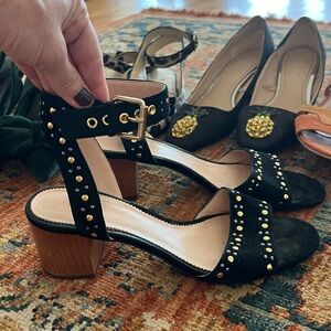 Black Suede Gold and Silver Studded Ankle Strap JCrew Sandals Heels Sz 9